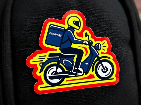 Delivery courier riding a scooter patch on a black fabric background