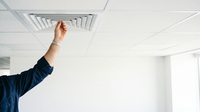 HVAC technician adjusting air vent on commercial office ceiling