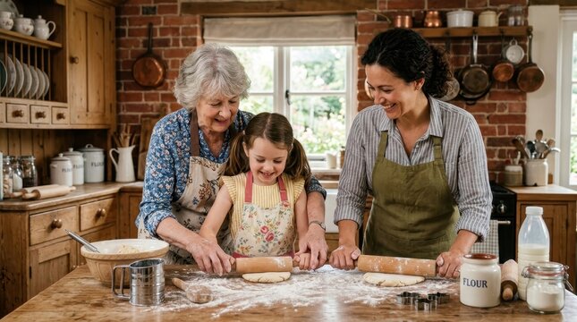 Joyful multi-generational family baking together in a warm, rustic kitchen, creating cherished memories