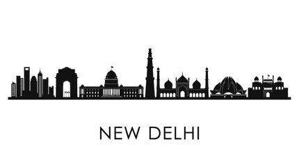 Obraz premium New Delhi Skyline Silhouette Vector - Famous Landmarks of India's Capital City