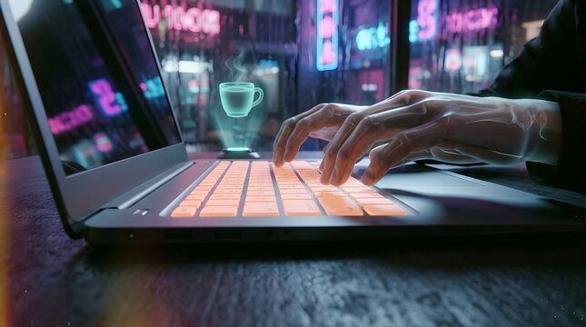 Hands Typing on classic open paper notebook with Mug in Neon Urban Background