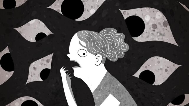 woman experiencing a panic attack and paranoia surrounded by watching eyes