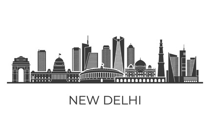 Fototapeta premium New Delhi Skyline Silhouette - India Gate, Parliament & Modern Buildings