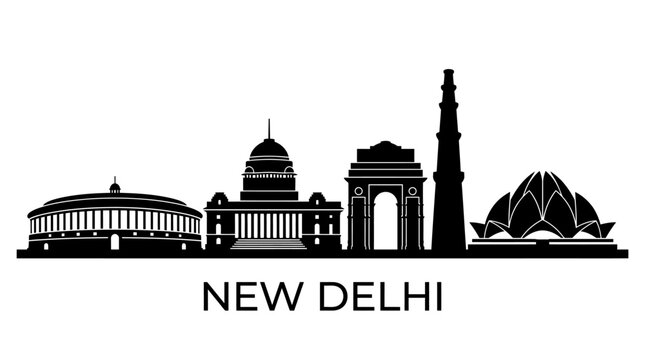 New Delhi Skyline Silhouette - India Gate, Parliament, Lotus Temple