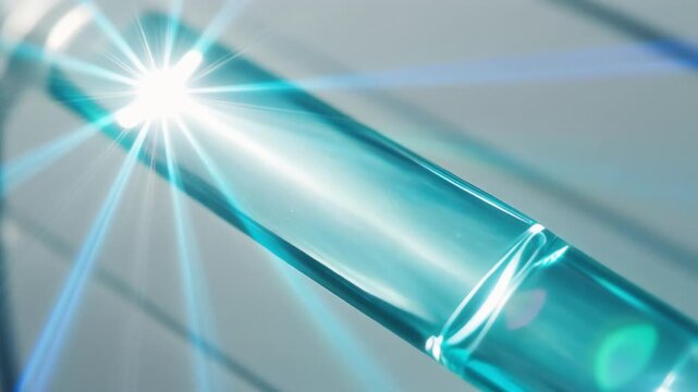 Close-up of a glass lab tube with bright light reflections and blue-green highlights. crisp details
