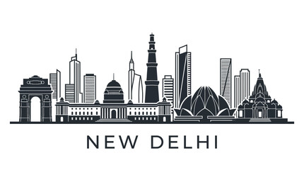 Obraz premium New Delhi Skyline Silhouette: Iconic India Gate, Qutub Minar & Lotus Temple