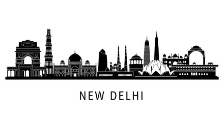 Fototapeta premium New Delhi Cityscape Silhouette. Famous Landmarks Skyline.