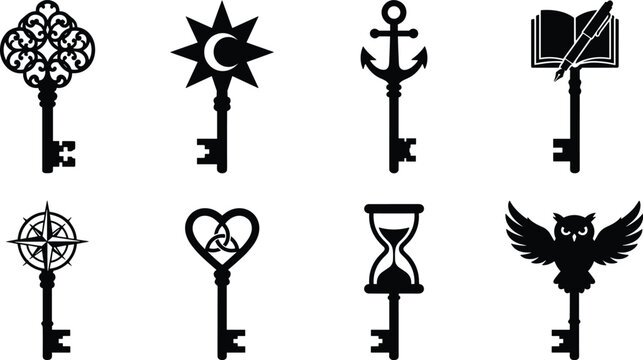 Set of creative decorative key silhouette icons featuring symbolic shapes for mystery and fantasy design