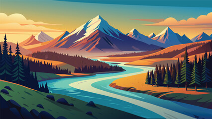 Scenic mountain landscape with a winding river and evergreen pine forest during sunrise mountains landscape wilderness geography environment adventure tranquil peaceful conservation sunlight © Joy Dev