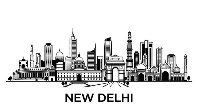 New Delhi Skyline Silhouette - Iconic Landmarks in Black and White