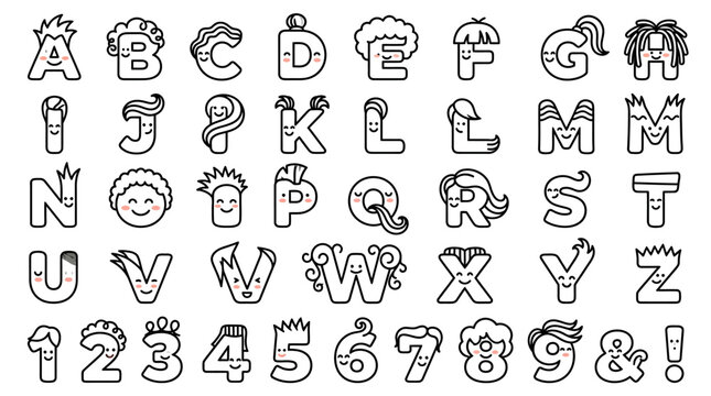 Cute Doodle ABC & Numbers with Funny Cartoon Faces and Hairstyles