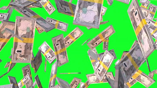 Iraqi 50000 Dinar banknote packs falling loop. Iraqi Dinar money note fall. 3D seamless looped isolated abstract concept of economy, finance, crisis, success and banking falling money on Green screen