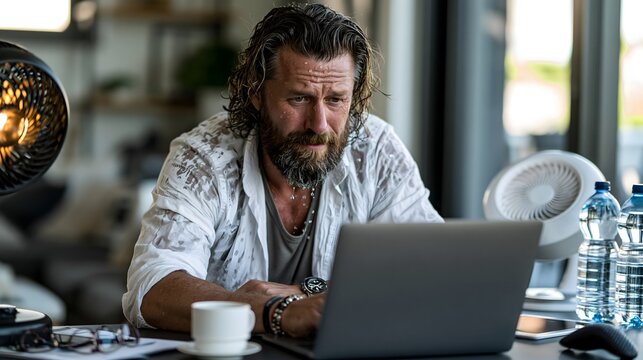 Konzentrierter Mann k&auml;mpft im hei&szlig;en Homeoffice mit sommerlichen Temperaturen