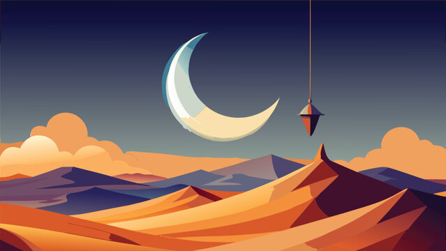 Mysterious desert landscape at night with crescent moon and hanging pendulum illustration pendulum landscape mysterious astronomy illustration nighttime crescent dramatic minimalist swinging