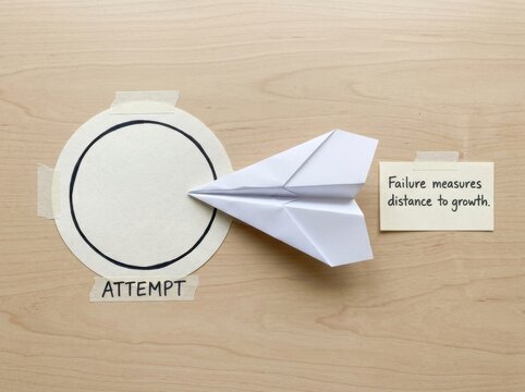 White paper airplane missing its labeled 'Attempt' on a wooden desk, representing failure