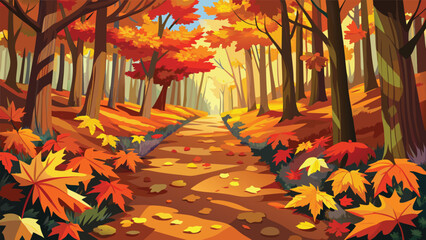 Autumn forest pathway landscape painting with fall foliage and rustic trail landscape woodland colorful outdoors background painting illustration november september environment peaceful © Joy Dev