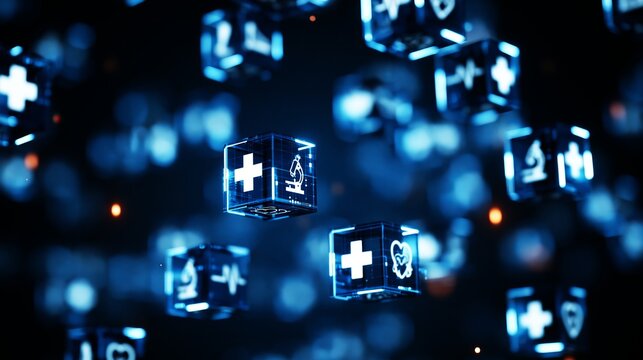 A futuristic medical technology concept with glowing blue cubes and white medical symbols floating in space