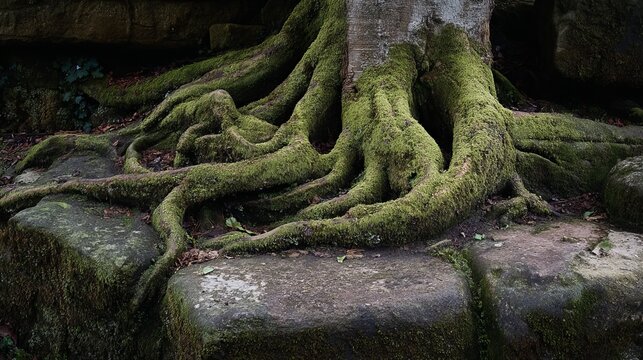 Ancient tree roots intertwine with mossy rocks, creating a captivating and textured natural landscape scene of enduring strength