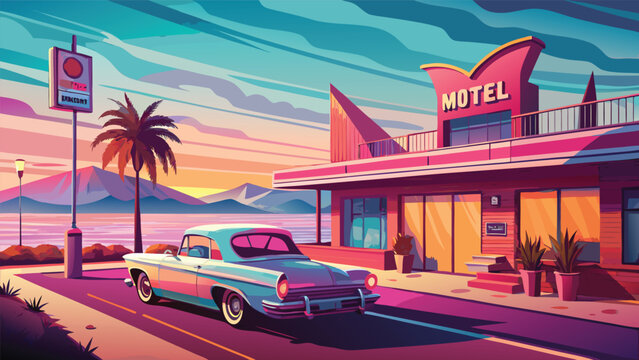 Vintage motel sign and car at sunset along a scenic coastal road with vacation architecture building destination nostalgia vacationing transportation automobile california landscape roadside