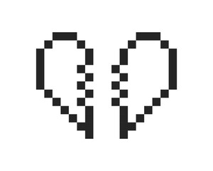 Fototapeta premium Retro pixel art broken heart black and white gaming reaction. Emotional defeat. 16 bit heartbreak. Game over. 2D illustration overlay isolated. Vintage arcade culture. 8bit vector graphic