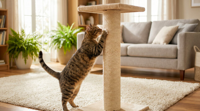 A cute tabby cat scratching its claws on a sisal post in a cozy living room.