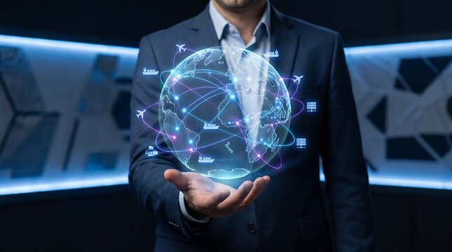 Businessman holding glowing globe with global network connections, concept of international business.