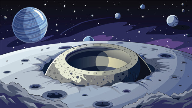 Futuristic moon landscape with massive crater and orbiting planets in deep space sci fi astronomy universe futuristic exploration celestial extraterrestrial atmosphere discovery astrophysics