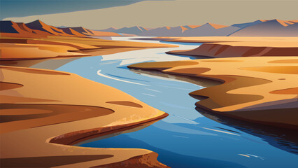 Stylized winding river flowing through a golden desert landscape with landscape mountains sunlight panoramic environment illustration abstract wilderness adventure geography formation © Joy Dev