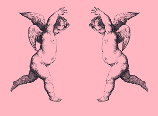 Obraz premium Two playful winged cherubs in dynamic motion against soft pink background, classic stipple engraving style illustration