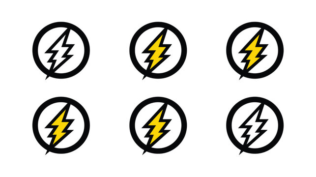 Lightning icon vector set in circles of yellow and white