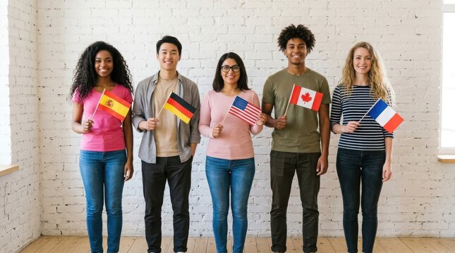 Five diverse young adults standing in a row, each holding a small national flag against a brick wall