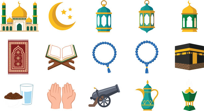 Islamic Religious Elements and Ramadan Kareem Vector Icon Set Featuring Mosque, Kaaba, Quran, Prayer Rug, Tasbih Beads, Lanterns, Dates, and Crescent Moon Illustrations