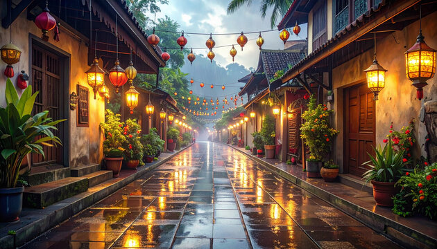 Lanterns illuminate village street at dusk