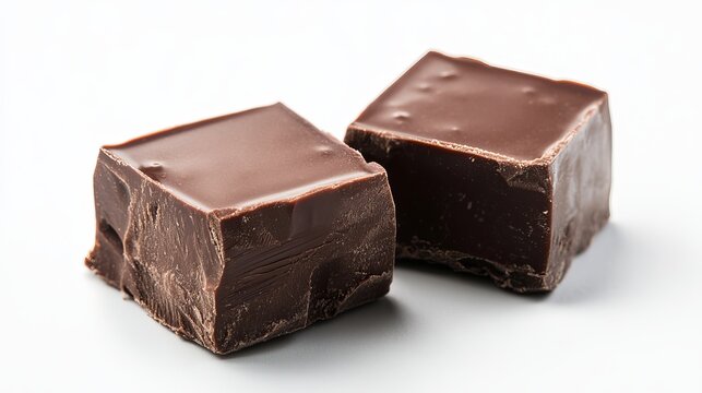 Two dark chocolate squares on a white background, showcasing rich texture and decadent indulgence for a sweet treat
