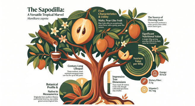 Educational infographic exploring Manilkara zapota, the sapodilla tree, its fruit, botany, nutrition, cultivation and uses.