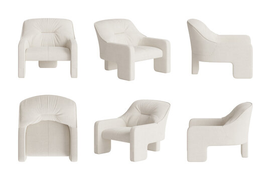 White boucle armchair 3D model viewpoints layout, modern organic lounge chair from different angles isolated on white background.