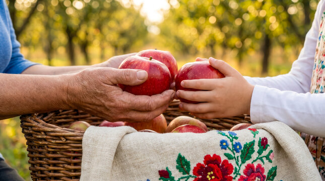 An elderly person and a child holding fresh red apples together in an orchard.
