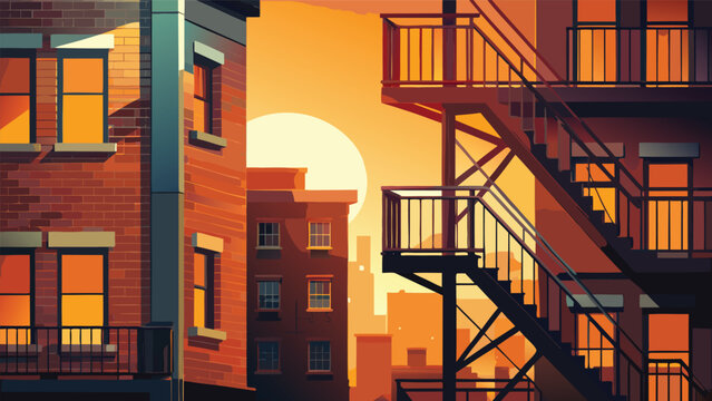 Urban apartment building facade with fire escape at sunset golden hour city life evening light apartment building architecture exterior residential downtown metropolitan silhouette