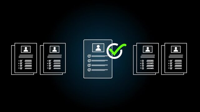 Human resources recruitment and hiring the right job candidate. glowing over resume document icon with checkmark for approval.4k motion graphics video animation