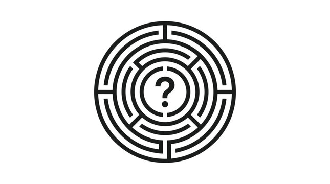 Black and white circular maze icon with question mark in the center for mystery and puzzle concept