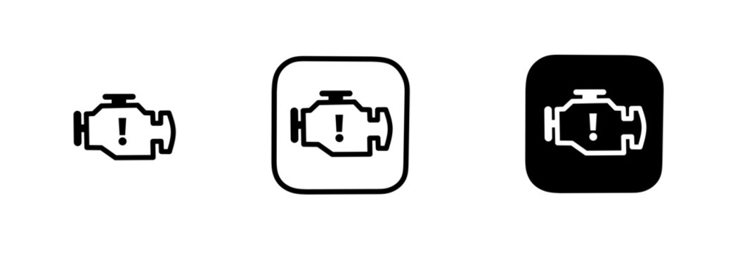 Check engine light icons featuring a warning exclamation mark inside car motor symbols, presented in three different vector styles