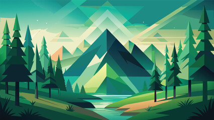 Geometric stylized mountain landscape with pine forest and winding river mountain landscape geometric stylized illustration background wallpaper wilderness environment adventure panoramic © Joy Dev