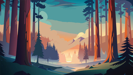 Stylized vector landscape illustration of a dense pine forest at sunset with landscape wilderness illustration environment evergreen sunlight artistic coniferous serenity background creative © Joy Dev