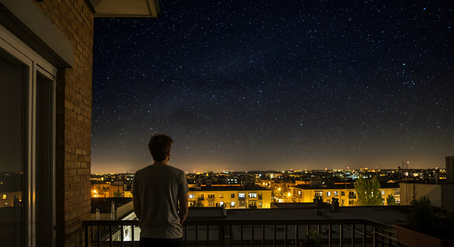 Person Standing on a Balcony Gazing at a Starry Night Sky Overlooking a Vibrant Urban Landscape Filled with City Lights