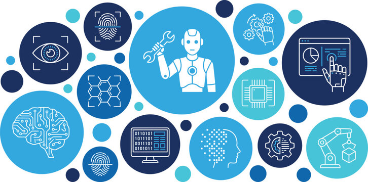Artificial Intelligence and Automation Technology Blue Banner Set with Robot Repair, Cyber Brain, Biometric Biosecurity, and Mechanical Arm Vector Icon Concepts