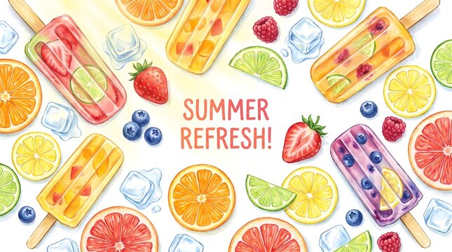 Summer refresh background with watercolor fruit popsicles and fresh citrus slices on white