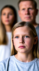 Obraz premium Serious young girl looking at camera with blurred parents standing behind, emotional family portrait reflecting worry, divorce impact and childhood feelings.