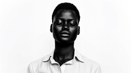 Obraz premium Person with dark skin and shaved head in quiet reflection, minimal white background, calm meditation and prayer moment reflecting peace and stillness.