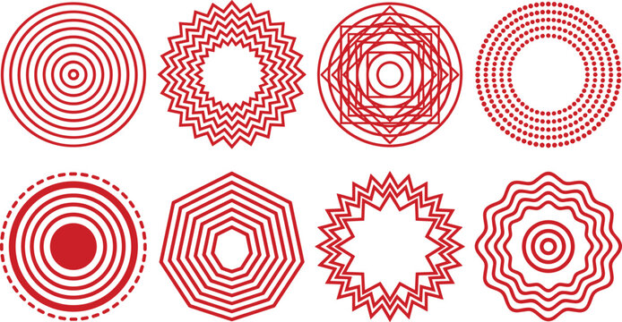 Red Geometric Line Art Mandala Icons and Concentric Circle Target Pattern Frames Set with Abstract Line Shapes for Business Branding, Stamps, and Infographics