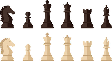 Flat Design Chess Pieces Vector Icon Set with Brown and Beige King, Queen, Rook, Knight, Bishop, and Pawn Symbols for Strategic Business Concepts © rumi